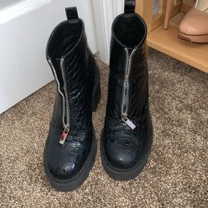 Black Alligator Skin Platform Booties